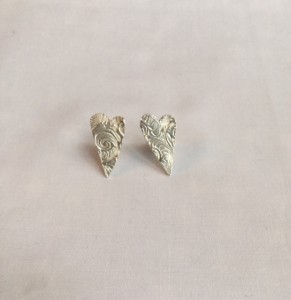 Hand Crafted Sterling Silver Patterned Elongated Heart Stud Earring