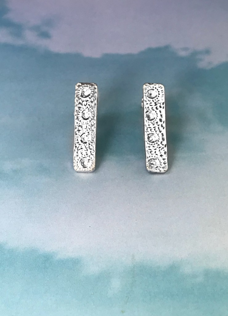 Hand Crafted Long Rectangle Sterling Silver Dot Patterned Heart Stud Earring